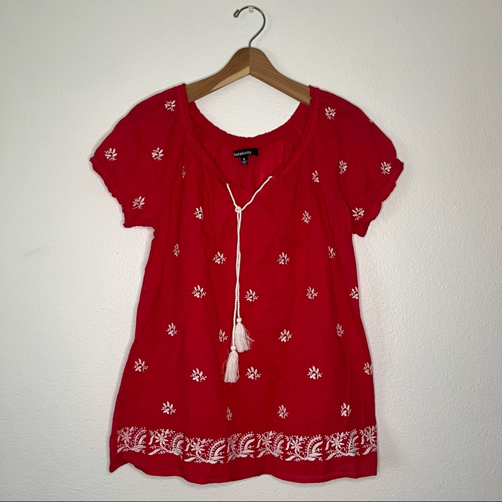 Relativity Red and White Embroidery Top M